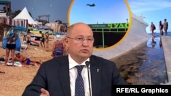 Російський глава Севастополя Михайло Развожаєв на тлі муніципального пляжу, військового літака і стічної канави на пляжі в Севастополі (колаж)