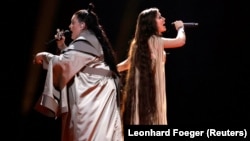 Alyona Alyona (left) and Jerry Heil are seen representing Ukraine with the song Teresa & Maria during the first semifinal of the 68th edition of the Eurovision Song Contest in Malmo on May 7.