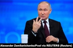 Президент Росії Володимир Путін під час щорічної пресконференції. Москва, 14 грудня 2023 року