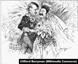 Экинчи дүйнөлүк согуш башталгандан кийинки сатира. "Кызык, жаш жубайлардын бал татыган айы канчага созулат?" Клиффорд Берриман тарткан карикатура. “Вашингтон Стар” басылмасы. 09.10.1939.