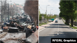 Як зьмянілася Буча праз год пасьля расейскага ваеннага ўварваньня ва Ўкраіну. Фотапараўнаньне 