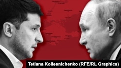 Президент Украины Владимир Зеленский (справа) и российский президент Владимир Путин на фоне Крыма. Фотоколлаж