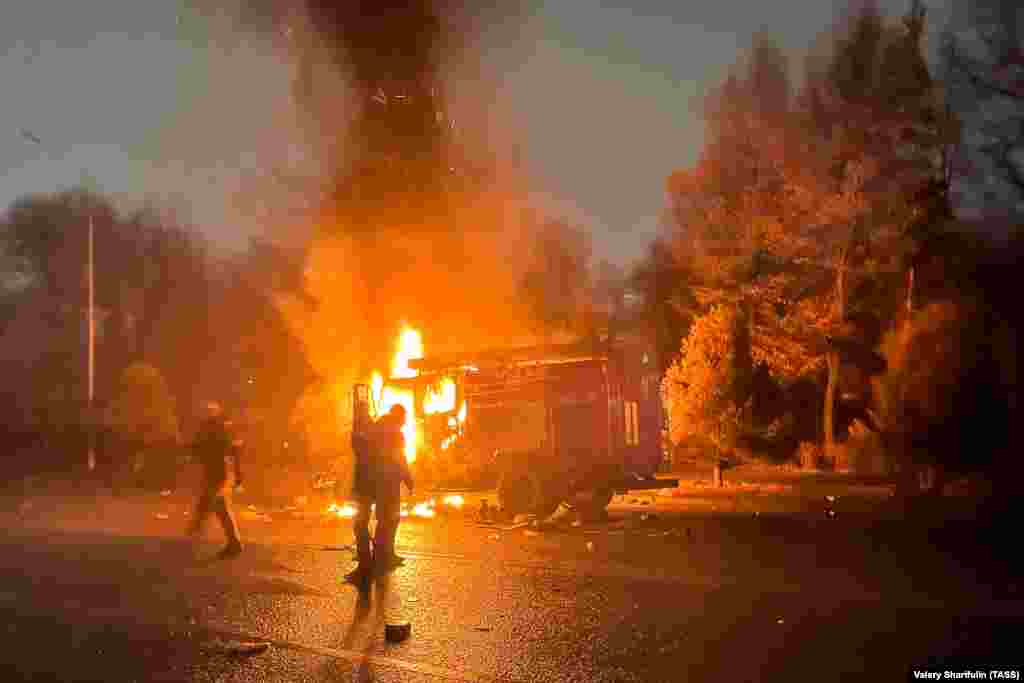 A fire truck burns in Almaty on January 5.&nbsp;