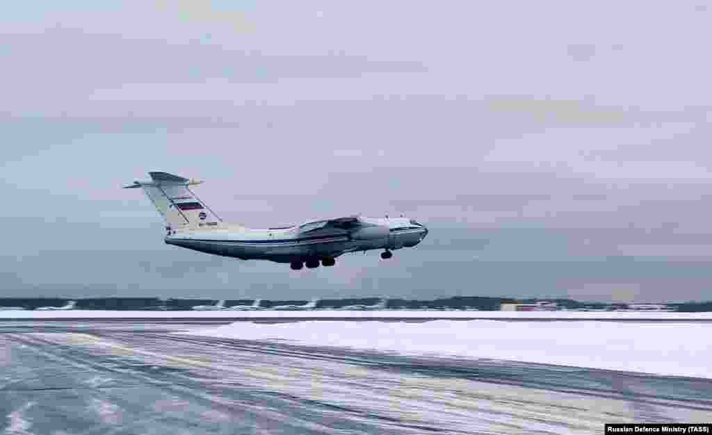 A Russian Ilyushin IL-76 transport aircraft carrying troops departing for Kazakhstan from Chkalovsky Airfield. The CSTO is a military alliance of Russia, Armenia, Belarus, Kazakhstan, Kyrgyzstan, and Tajikistan.&nbsp;