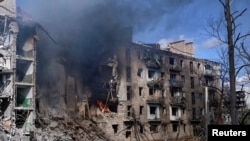 Apartment buildings damaged by a Russian military strike in the Donetsk region town of Kostyantynyvka.