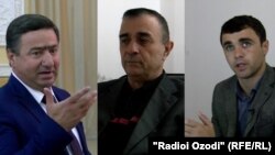 Слева направо: Файзулло Нозимзода, начальник ОМВД Куляба, Ахмад Иброхим, главный редактор издания "Пайк" и его сын, журналист этого же издания Мухаммад Мусави 