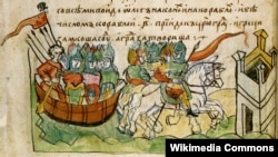Киевский князь Олег ведет войско на Царьград, миниатюра с Радзивилловской летописи, ХV века
