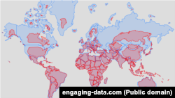 Рожевим позначено реальну площу країн, а бликитним – вигляд на «картах Меркатора»
