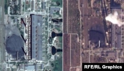 Imagini din satelit arată depozitul de cărbune de la MGRES în 2014 (stânga) și în noiembrie 2024.