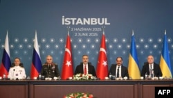 Members of Turkish delegation, (from 2nd L) Chief of Turkish General Staff General Metin Gürak, Turkish Foreign Minister Hakan Fidan, head of Turkish Intelligence Ibrahim Kalin, Turkish ambassador of Russian Mehmet Samsar, attend the second meeting with Russia and Ukraine delegations at the Ciragan Palace, in Istanbul, on June 2, 2025