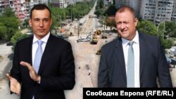 Кметът на София Васил Терзиев (вляво) и регионалният министър Иван Иванов на фона на ремонта на "столичния бул. "Ал. Стамболийски". Колаж.