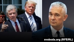 Палітык і дыплямат Валер Кавалеўскі. Спэцпасланьнік ЗША па Беларусі Джон Коўл, прэзыдэнт ЗША Дональд Трамп. Ілюстрацыйны каляж. 
