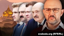 Журналіст Свабоды Дзьмітры Гурневіч. Аляксандар Лукашэнка і яго сыны Віктар, Дзьмітры, Мікалай. Ілюстрацыйны каляж. 