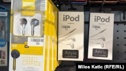 The packaging for counterfeit iPod earbuds in a shop in Novi Sad, Serbia, featured multiple grammatical mistakes.