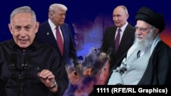 Головні дійові особи в конфлікті на Близькому Сході: прем’єр Ізраїлю Беньямін Нетаньягу та іранський верховний лідер аятолла Хаменеї (обидва на передньому плані), Дональд Трамп та Володимир Путін (на другому плані). Колаж
