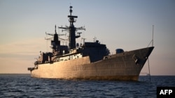 A Romanian Navy frigate takes part in a military drill on the Black Sea earlier this month. 