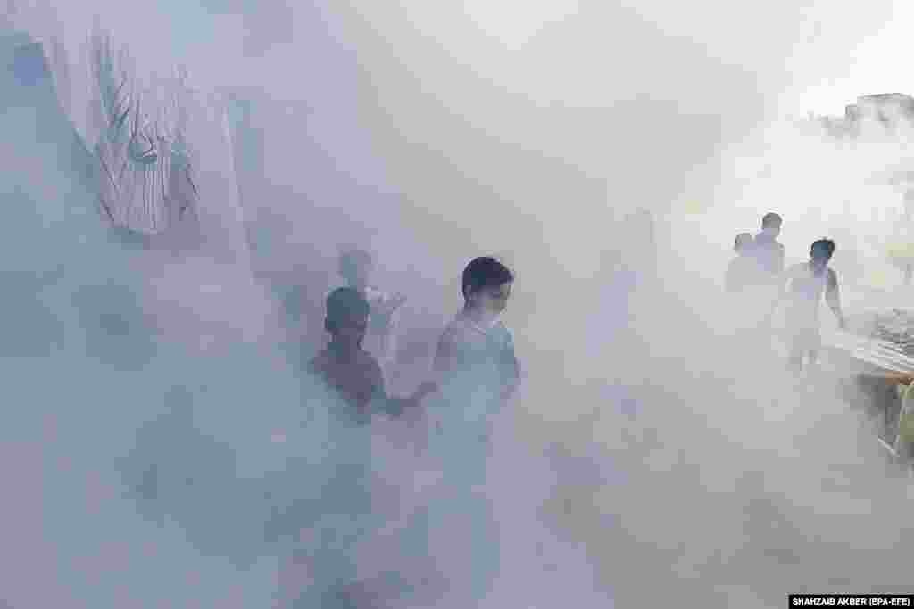 Сотрудник фонда &laquo;Аль-Хидмат&raquo; опрыскивает территорию для уничтожения комаров и предотвращения вспышки лихорадки денге в Карачи, Пакистан, 7 декабря 2021 года. Официальные лица в Пакистане сообщают о продолжающемся росте числа заболевших лихорадкой денге, исчисляемых тысячами