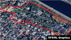 Ақорда мен Астананың орталық саябағаның ортасында, Есіл өзенінің жағасында орналасқан резиденциялар. Мүліктер Президенттің іс басқармасына тиесілі. Сурет: earth.google.com