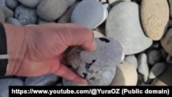 Каміння з мазутом, знайдене російським блогером Юрієм Озаровським на пляжі в Орджонікідзе (Кайгадорі) у квітні 2025 року