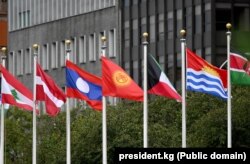 БУУнун баш кеңсесинин алдындагы мамлекеттердин туулары. Нью-Йорк, АКШ.