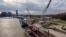 Construction is under way at the site of a new bridge on the Sava River in Belgrade. 