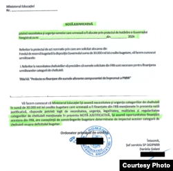 Colaj cu prima și ultima pagină a notei justificative trimisă de MEN Ministerului de Finanțe.