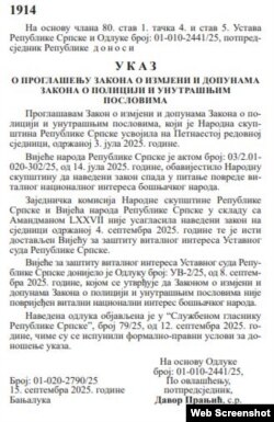 Ukaz o proglašenju Zakona o izmjenama i dopunama Zakona o policiji i unutrašnjim poslovima je potpisao Davor Pranjić, umjesto Dodika.