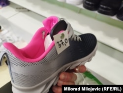 Counterfeit Nike sneakers on sale for around $20 at a Chinese-owned store in Bosnia-Herzegovina.