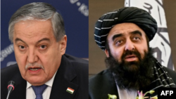 Сироҷиддин Муҳриддин, вазири корҳои хориҷии Тоҷикистон (чап) ва Амирхон Муттақӣ, вазири умури хориҷии ҳукумати "Толибон" (рост)