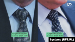 Два разных галстука, которые появляются на Путине в публикацих Кремля за одну дату, 12 июля 2024 года. Как правило, Путин не меняет галстуки для двух идущих подряд встреч. Эти галстуки он надевал в разных кабинетах