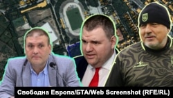 Колаж със снимки на кмета на Плевен Валентин Христов (ГЕРБ), лидера на "ДПС-Ново начало" Делян Пеевски и лидера на ГЕРБ Бойко Борисов на фона на част от кадастралната карта на града