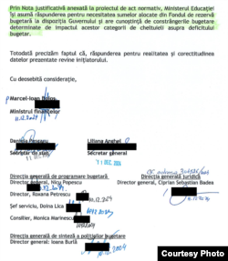 Document al Ministerului de Finanțae cu nouă semnături.