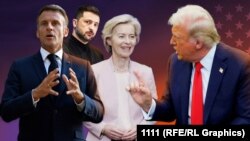 Коллаж: Эмманюэль Макрон, Владимир Зеленский, Урсула фон дер Ляйен, Дональд Трамп