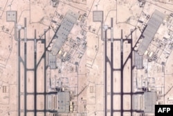 This combination of handout satellite photos obtained from Planet Labs shows a photo taken on June 5 (left) of military planes at the US air base of Al-Udeid in Qatar, and one taken on June 19 (right) showing no planes at the base.