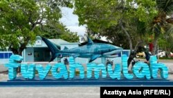 Такая инсталляция в виде тигровой акулы встречает гостей в порту Фувамулы