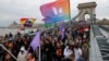 Protesters demonstrate on the Chain Bridge in Budapest after the Hungarian parliament voted on constitutional amendments targeting the LGBT community on April 14.
