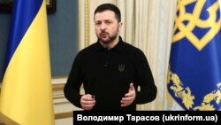 Ukrainian President Volodymyr Zelenskyy, speaking in Kyiv in February, after meetings British Foreign Secretary David Lammy. 