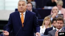 Hungarian Prime Minister Viktor Orban delivers a speech at the European Parliament in Strasbourg, eastern France, on October 9.