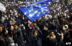 Demonstrators gather to protest near the parliament building in downtown Tbilisi.
