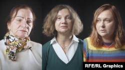 გალინა დერბიში (მარცხნივ), პოლინა შარენდა-პანასიუკი (შუაში), დარია აფანასიევა - ყოფილი პატიმრები 