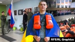 Владислав Руденко из Херсона. На фоне: украинские дети в оккупации с флагом РФ и оружием. Коллаж