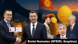 Binance компаниясынын негиздөөчүсү Чанпэн Чжао жана  Кыргызстандын президенти Садыр Жапаров, USDKG долбоорунун кеңешчи тобунун башчысы Уильям Кэмпбелл жана Кыргызстандын Министрлер кабинетинин төрагасы Адылбек Касымалиев, Кыргызстандын финансы министри Алмазбек Бакетаев. Коллаж.